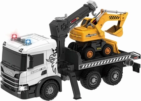 Extra Large Tow Truck Toy, Scania 19“ Friction Powered Transport Truck Crane Vehicle Toy with Excavator Toy, Lights and Sounds, Gifts for Toddler Boys Girls