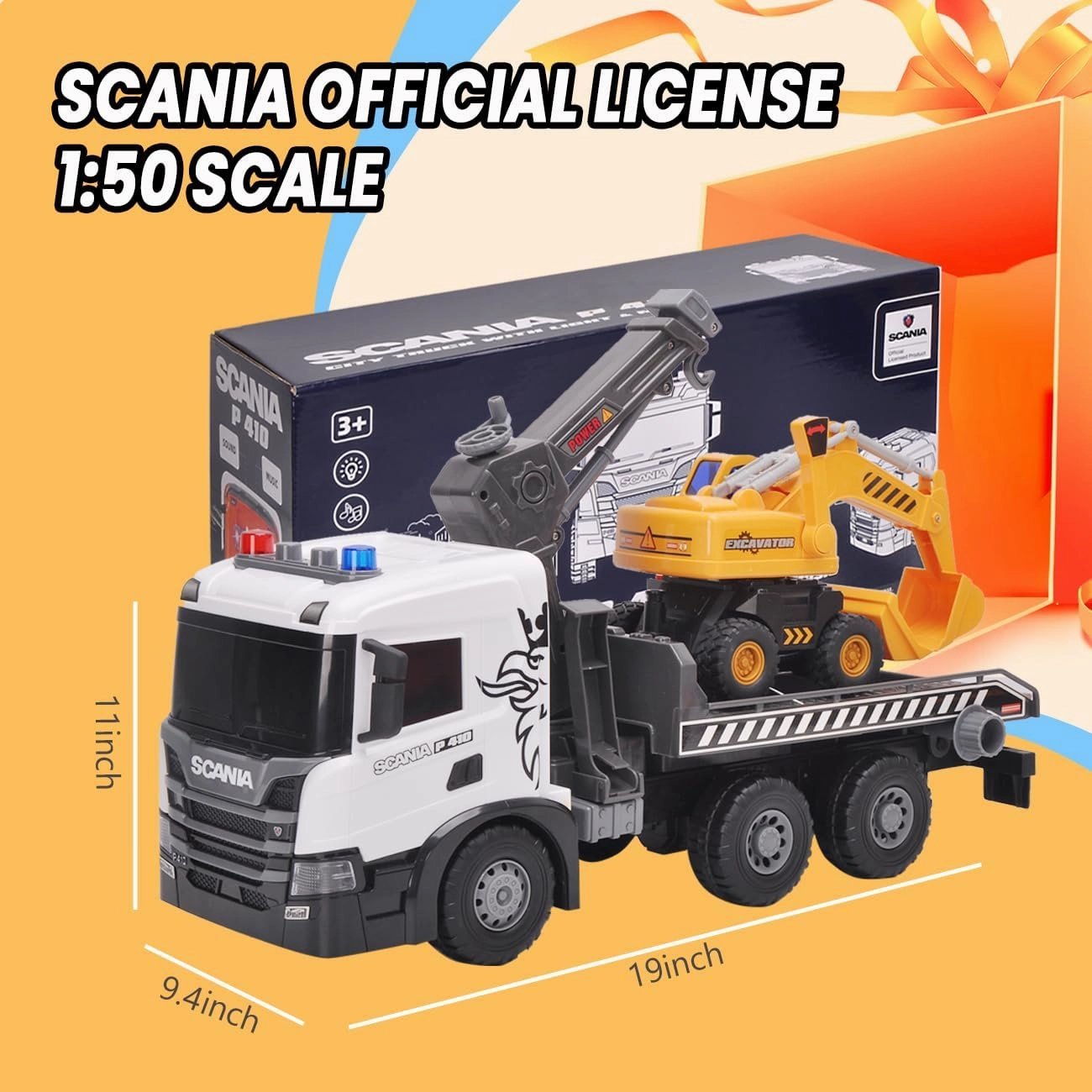 Extra Large Tow Truck Toy, Scania 19“ Friction Powered Transport Truck Crane Vehicle Toy with Excavator Toy, Lights and Sounds, Gifts for Toddler Boys Girls