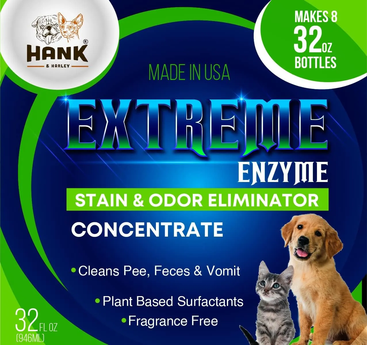 EXTREME ENZYME, PET STAIN & ODOR ELIMINATOR - Concentrate, makes 2 gallons. Triple action bio-enzymatic cleaners and plant based surfactants break down pet mess forever. FRAGRANCE FREE, makes 256 oz