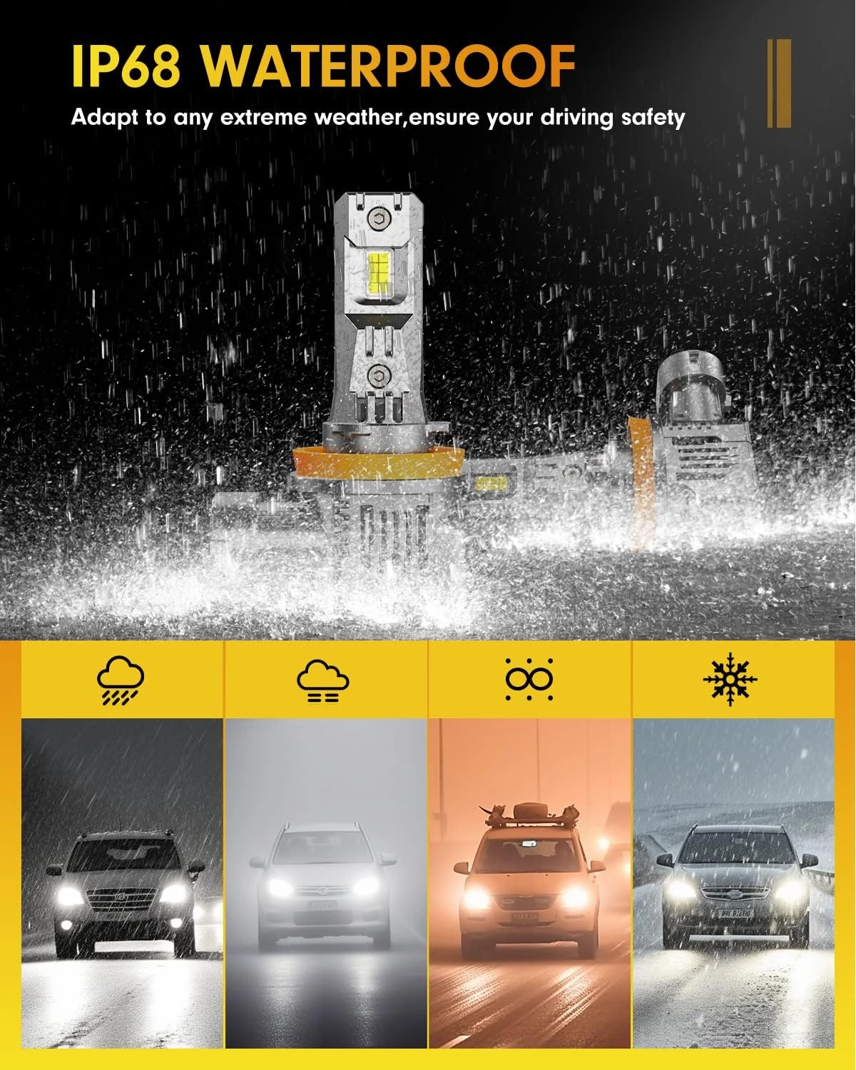 FAHREN 9005/HB3 H11/H8/H9 Fog Lights Combo – Super Bright 80,000LM 1000% Brighter, 2025 Updated Light Bulbs, 1:1 Mini Size, 6500K Cool White, Quick Install, True Plug & Play, Pack of 4