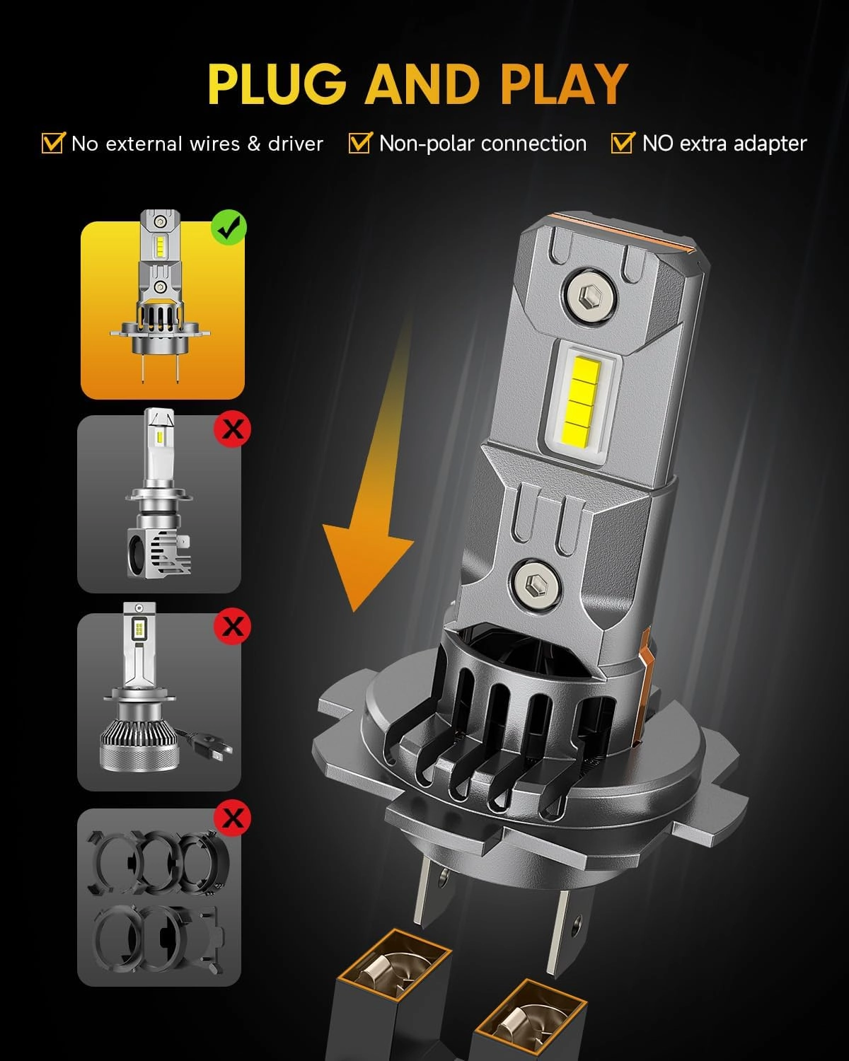 FAHREN Upgraded & Brightest H7 Bulbs, 50000LM Ultra Bright 6500K H7 light, Real Mini Size No Adapter Needed IP68 Waterproof,Plug and Play, Pack of 2