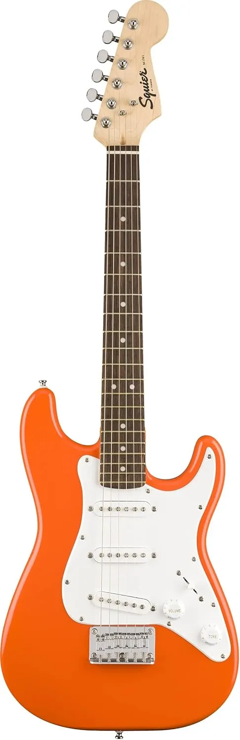 Fender Squier 3/4 Size Kids Mini Strat Electric Guitar Learn-to-Play Bundle w/ Amp, Cable, Tuner, Strap, Picks, Fender Play Online Lessons, and Austin Bazaar Instructional DVD - Competition Orange