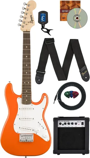Fender Squier 3/4 Size Kids Mini Strat Electric Guitar Learn-to-Play Bundle w/ Amp, Cable, Tuner, Strap, Picks, Fender Play Online Lessons, and Austin Bazaar Instructional DVD - Competition Orange