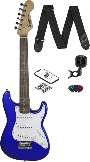 Fender Squier 3/4 Size Kids Mini Strat Electric Guitar Learn-to-Play Bundle with Tuner, Strap, Picks, Fender Play Online Lessons, and Austin Bazaar Instructional DVD - Imperial Blue