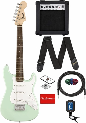 Fender Squier 3/4-Size Kids Mini Strat Electric Guitar - Surf Green Bundle with Amplifier, Instrument Cable, Tuner, Strap, Picks, Fender Play Online Lessons, and Austin Bazaar Instructional Video
