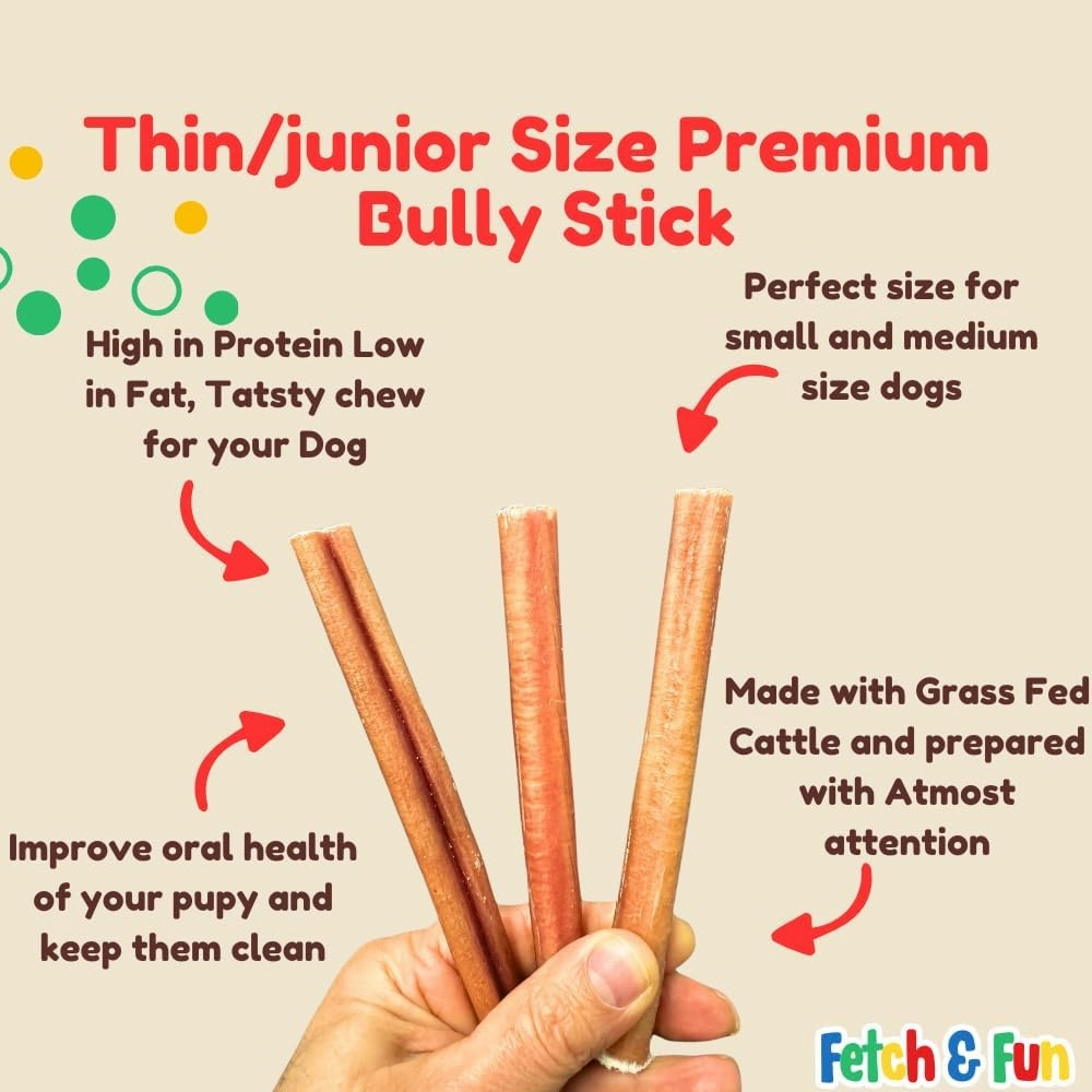 Fetch & Fun BULLYSTICKS - 6 Inch Bully Sticks (Thin - 25 Count) Bully Sticks for Small Dogs