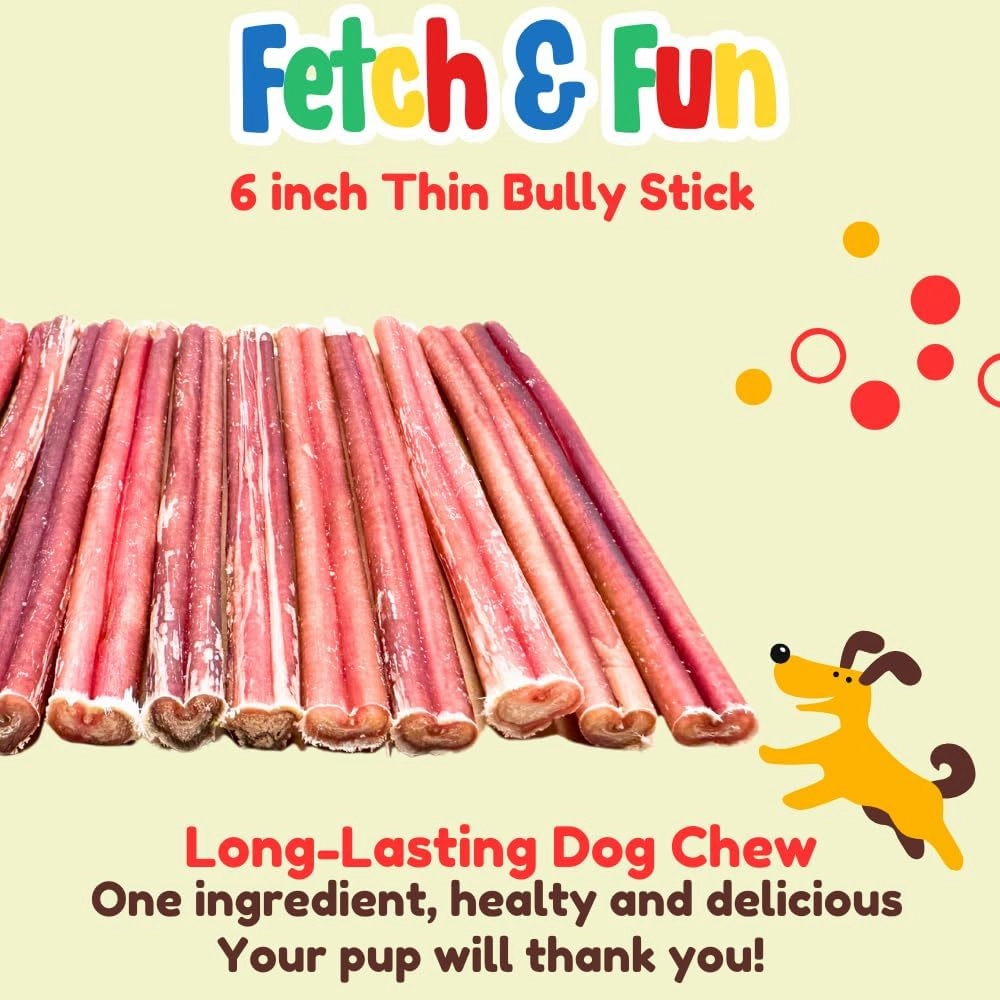 Fetch & Fun BULLYSTICKS - 6 Inch Bully Sticks (Thin - 25 Count) Bully Sticks for Small Dogs