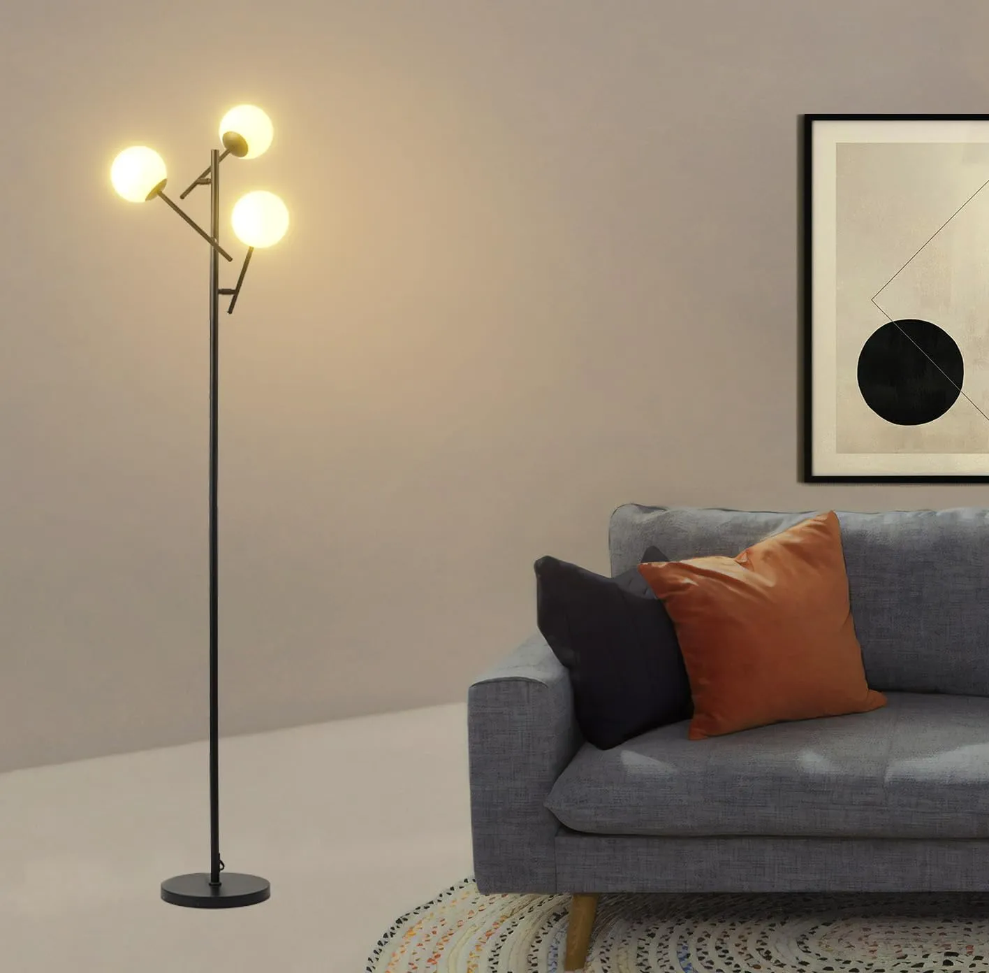 Fiqevs 3 Globe Floor Lamp with 2700K Warm Light & LED Bulbs Included, Mid Century Modern Standing Lamp with Adjustable Lampshade, Arc Sputnik Tree Tall Lamp for Living Room, Bedroom - Matt Black