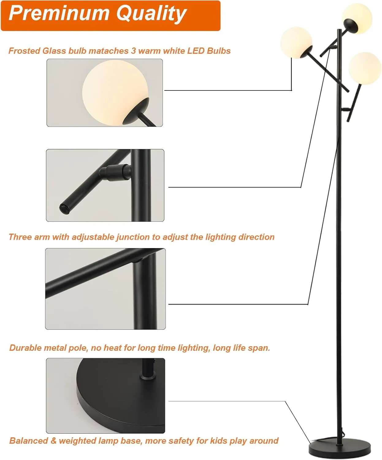 Fiqevs 3 Globe Floor Lamp with 2700K Warm Light & LED Bulbs Included, Mid Century Modern Standing Lamp with Adjustable Lampshade, Arc Sputnik Tree Tall Lamp for Living Room, Bedroom - Matt Black