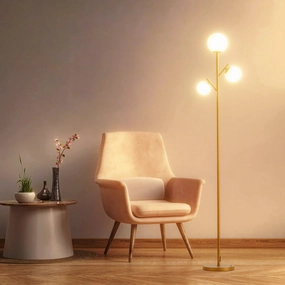 Fiqevs 3 Globe Mid Century Floor Lamp, Vintage Standing Lamp with 3 LED Bulbs & Sphere Frosted Glass Shades, Modern Gold Tree Floor Lamp for Living Room, Bedroom, Office