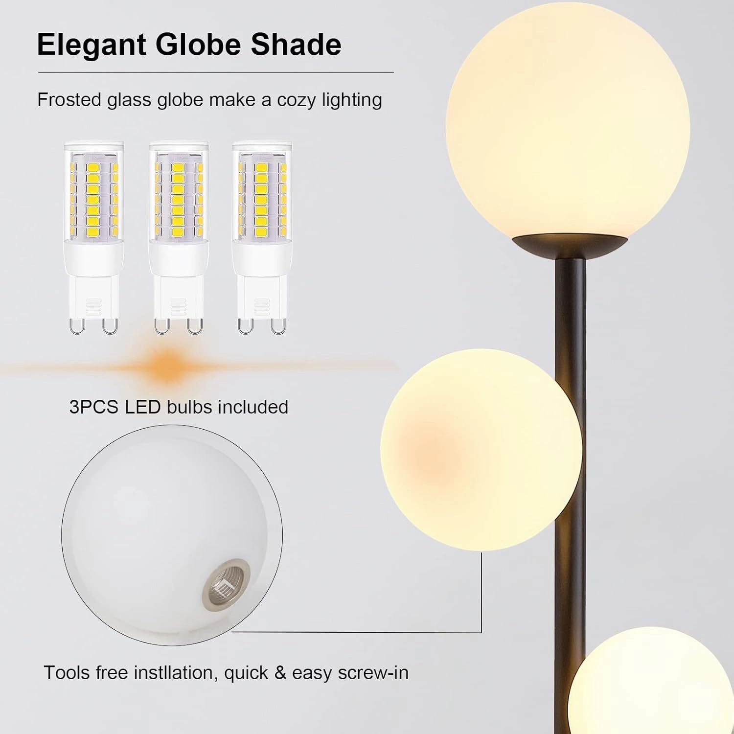 Fiqevs 3 Globe Mid Century Modern Floor Lamp, 3 x 800LM LED Bulbs Included, Matt Black Standing Lamp with Sphere Frosted Glass Shade, Vintage Retro Tall Pole Lamp for Living Room, Bedroom Office