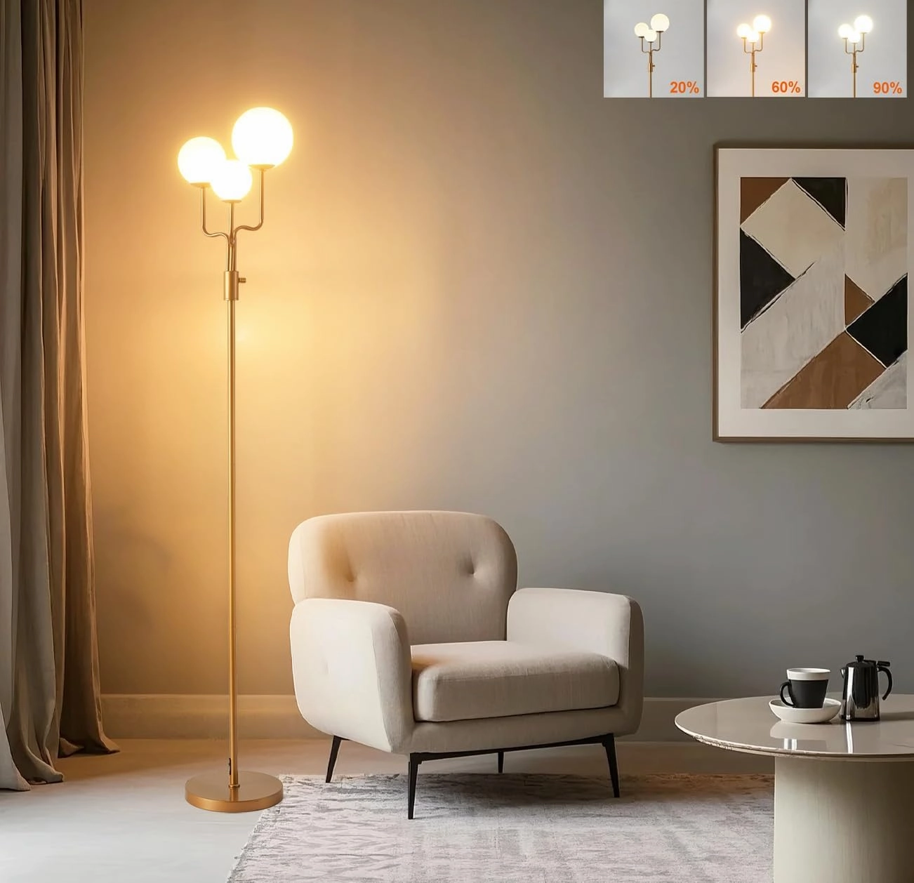Fiqevs Dimmable 3 Globe Floor Lamp, Mid Century Modern Sputnik Floor Lamp with 3 Warm Light LED Bulbs and Glass Shade, Gold Standing Lamp for Living Room, Bedroom, Office - Antique Brass