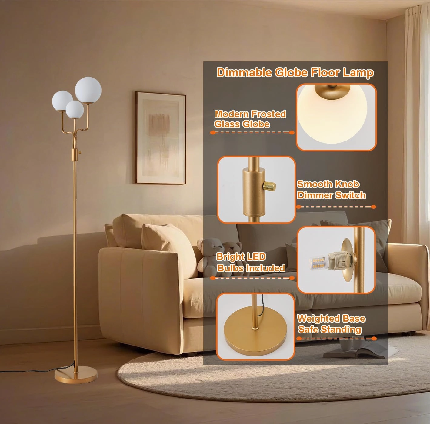 Fiqevs Dimmable 3 Globe Floor Lamp, Mid Century Modern Sputnik Floor Lamp with 3 Warm Light LED Bulbs and Glass Shade, Gold Standing Lamp for Living Room, Bedroom, Office - Antique Brass