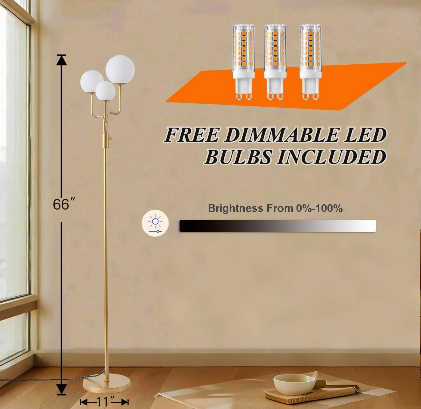 Fiqevs Dimmable 3 Globe Floor Lamp, Mid Century Modern Sputnik Floor Lamp with 3 Warm Light LED Bulbs and Glass Shade, Gold Standing Lamp for Living Room, Bedroom, Office - Antique Brass