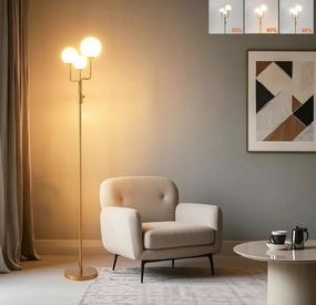 Fiqevs Dimmable 3 Globe Floor Lamp, Mid Century Modern Sputnik Floor Lamp with 3 Warm Light LED Bulbs and Glass Shade, Gold Standing Lamp for Living Room, Bedroom, Office - Antique Brass