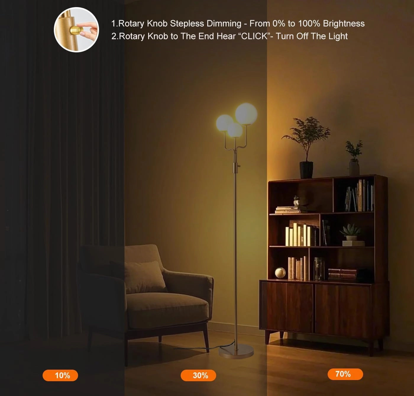 Fiqevs Dimmable 3 Globe Floor Lamp, Mid Century Modern Sputnik Floor Lamp with 3 Warm Light LED Bulbs and Glass Shade, Gold Standing Lamp for Living Room, Bedroom, Office - Antique Brass