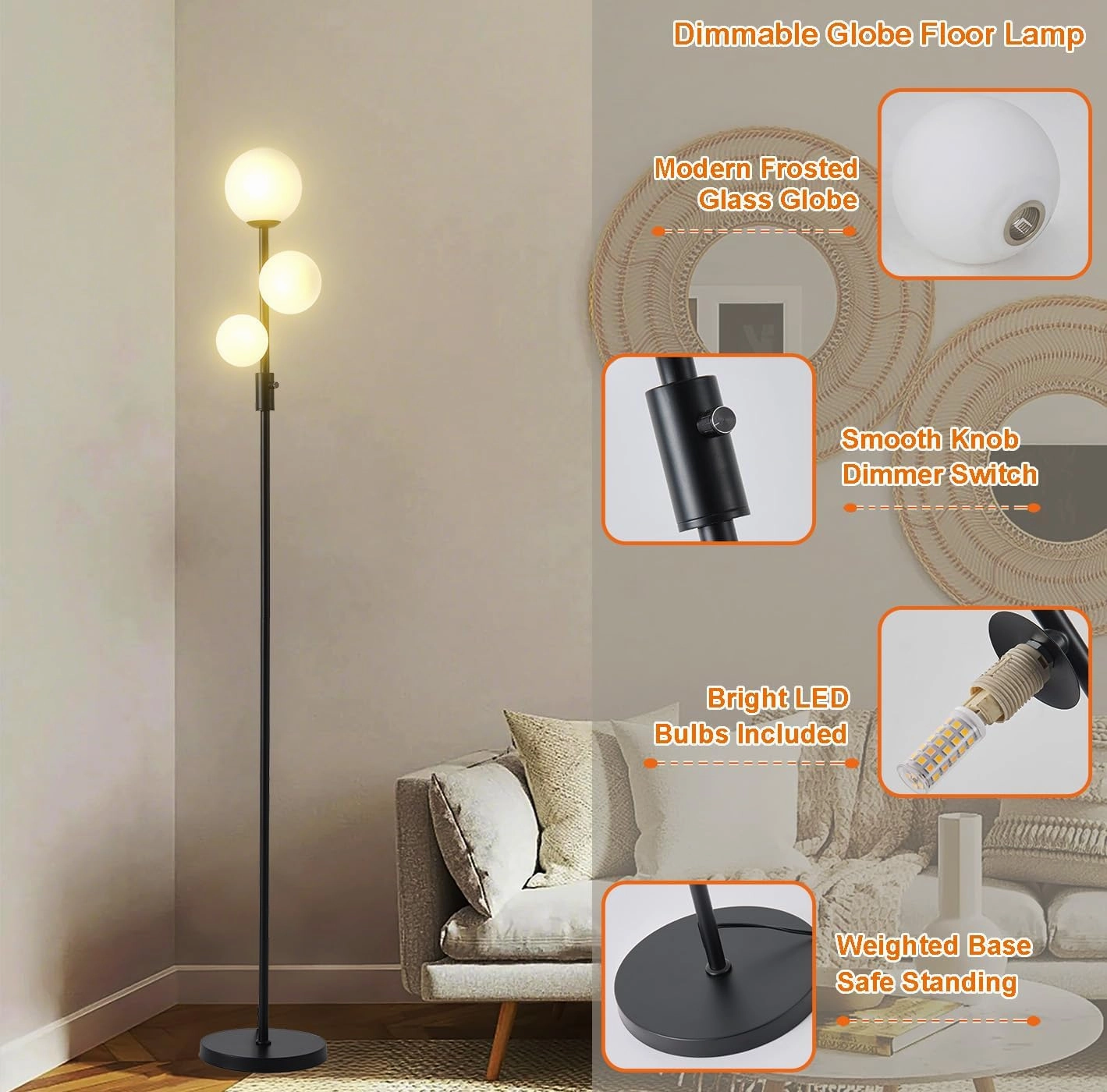 Fiqevs Upgraded Dimmable 3 Globe Mid Century Modern Floor Lamp, 3 x 3000K Warm Light LED Bulbs Included, Matt Black Standing Lamp with Sphere Glass Shade, Vintage Tall Lamp for Living Room, Bedroom