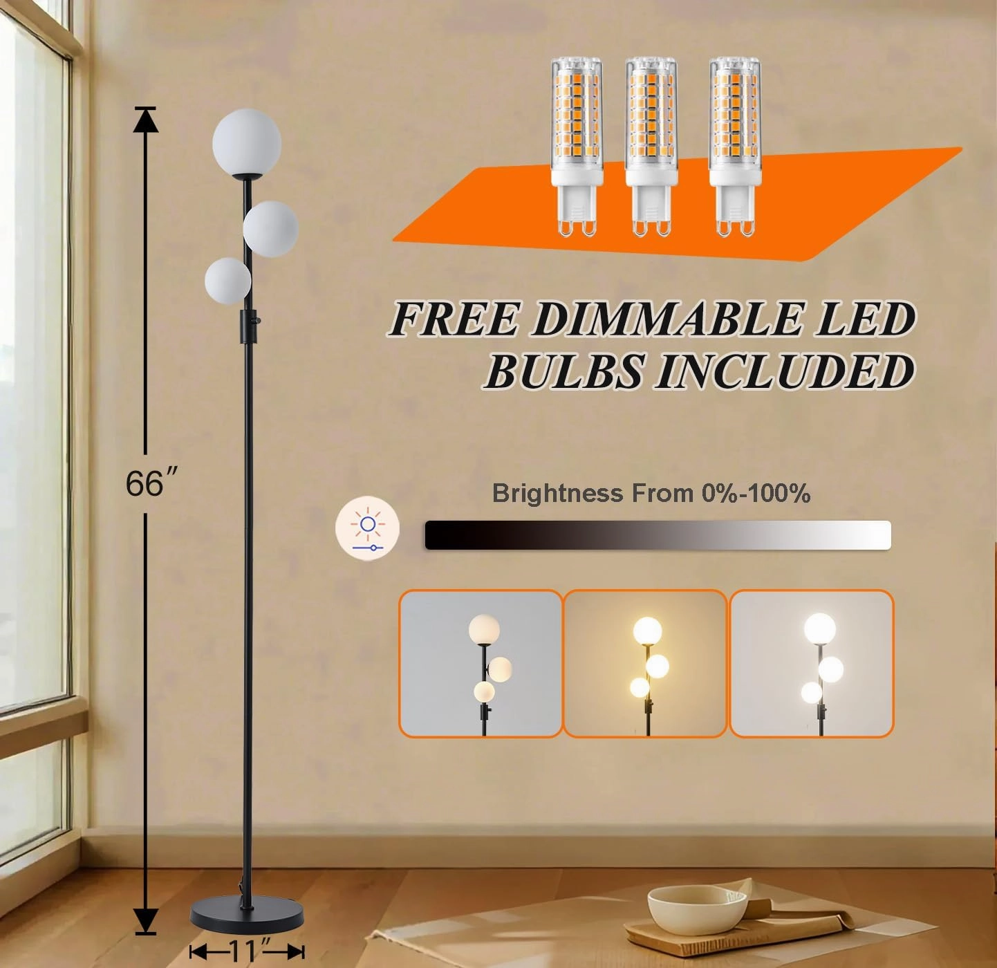 Fiqevs Upgraded Dimmable 3 Globe Mid Century Modern Floor Lamp, 3 x 3000K Warm Light LED Bulbs Included, Matt Black Standing Lamp with Sphere Glass Shade, Vintage Tall Lamp for Living Room, Bedroom
