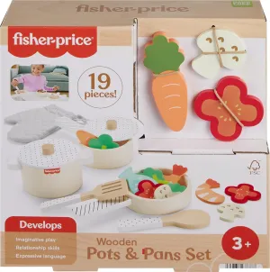 Fisher-Price Wood Kitchen Pretend Play Toy Pots & Pans Set, 19-Piece Playset Wooden, Metal & Fabric for Preschool Kids Ages 3  Years
