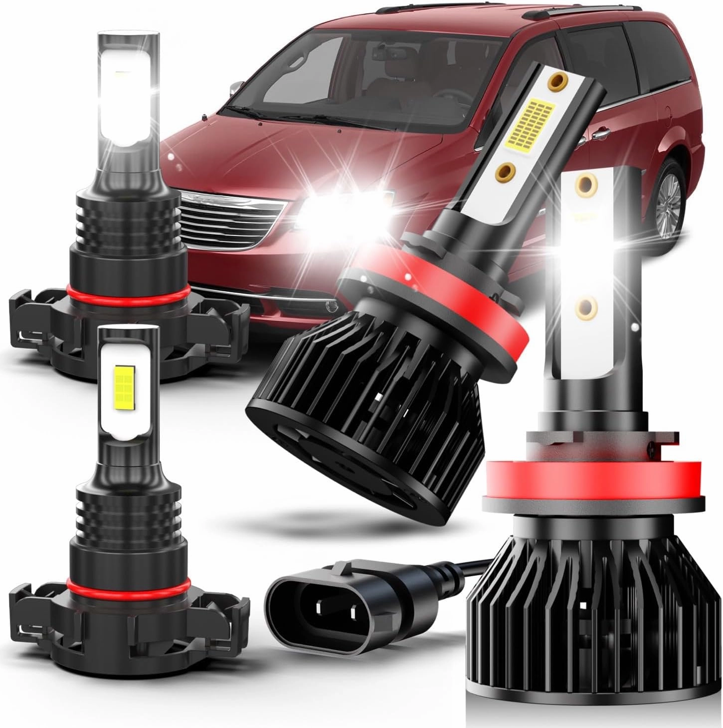 Fit For Chrysler Town & Country, 2010 2011 2012 2013 2014 2015 2016 headlight bulbs led, H11 High & Low Beam Bulbs H16 Fog Light Bulbs,500% Brightness, 6000K White,IP68,with Fan,Plug and play,4-pack