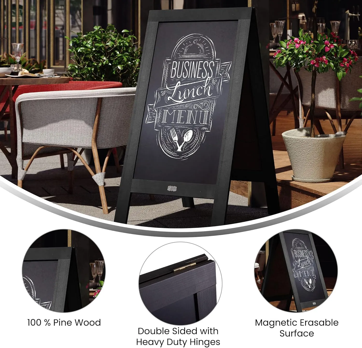 Flash Furniture Canterbury Magnetic Chalkboard Sign Set - Black Wood Frame - 48" x 24" - Indoor/Outdoor - Includes 8 Chalk Markers, 10 Stencils, 2 Magnets