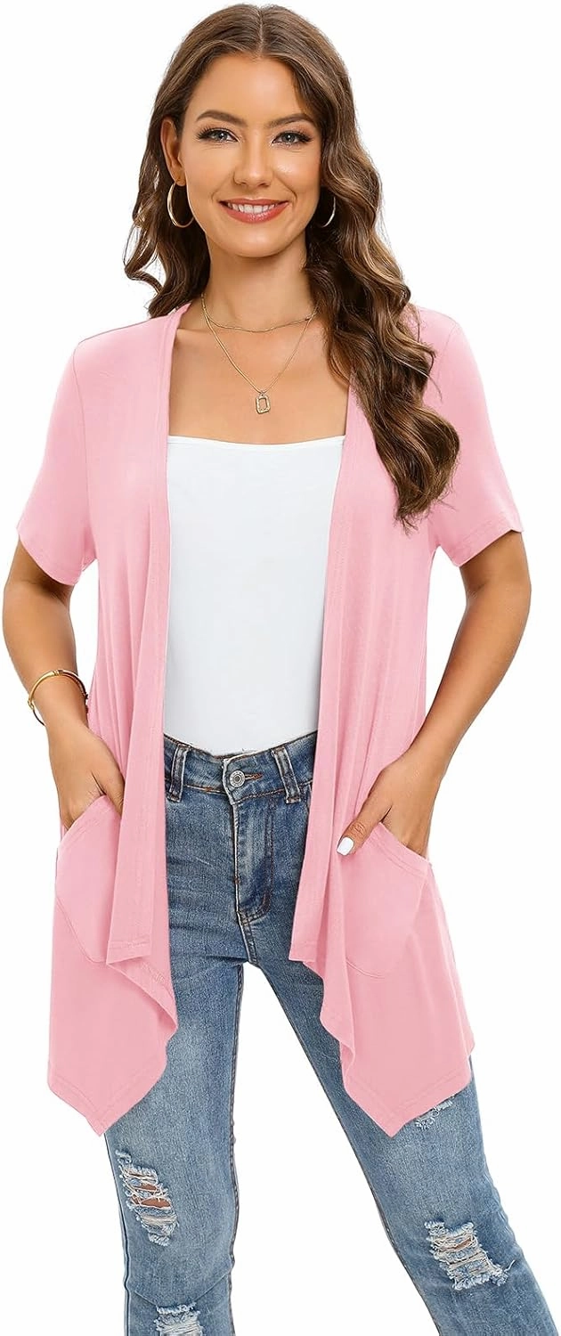 Floral Short Sleeve Cardigans for Women Casual Drape Open Front Lightweight Summer Cardigan with Pocket High Low Hem
