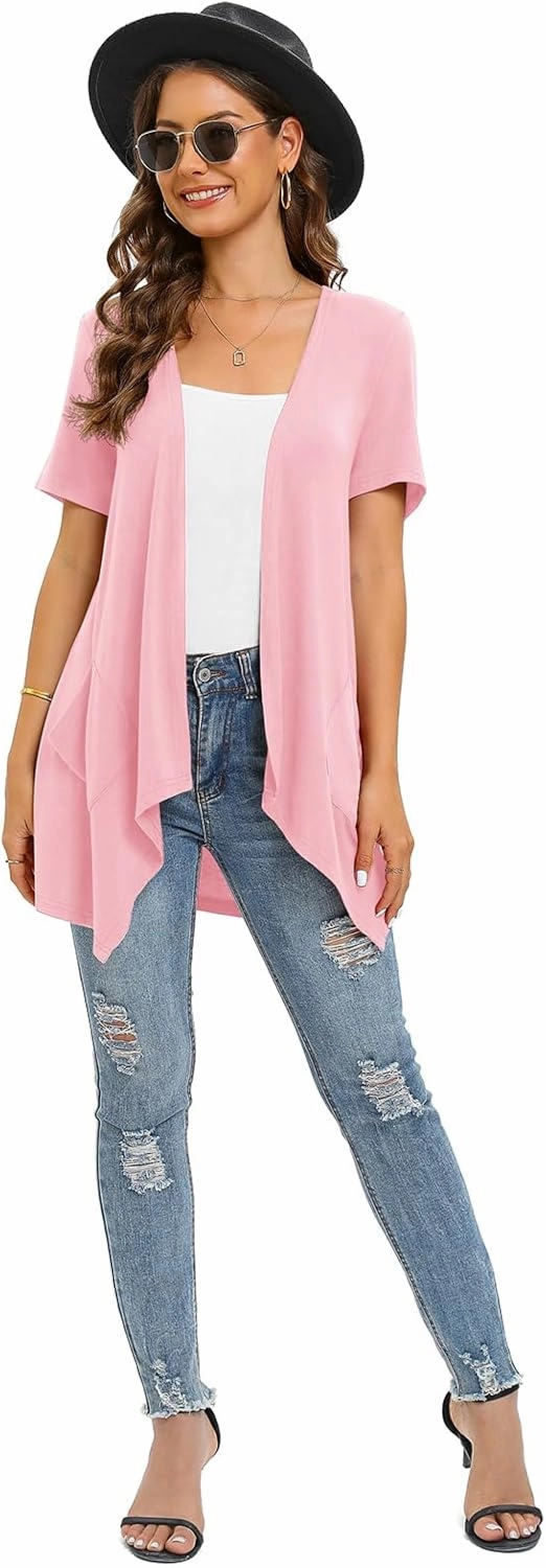 Floral Short Sleeve Cardigans for Women Casual Drape Open Front Lightweight Summer Cardigan with Pocket High Low Hem