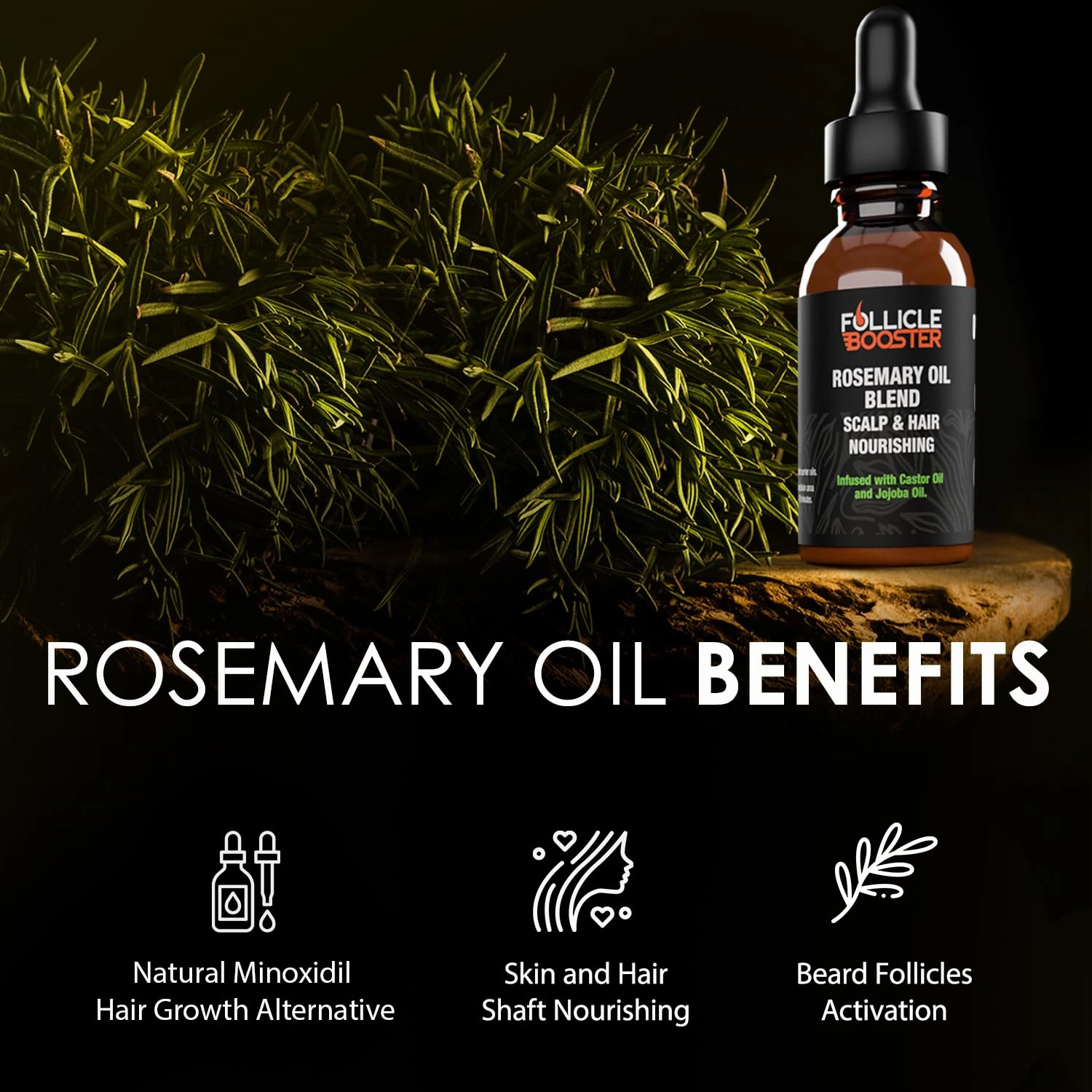 Follicle Booster Rosemary Oil Blend - Mint, Castor, Jojoba & Biotin added - Supports Hair Growth, Strengthens Follicles, Nourishes Scalp - For Adults & Teens - 3 Pack