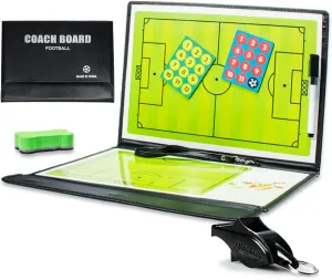 Football Coaching Board Coaches Clipboard Tactical Magnetic Board Kit with Magnetic Buttons Magnetic Pen Magnetic Eraser Referee Whistle 4 pcs with PU Leather Cover with Magnetic Automatic Suction