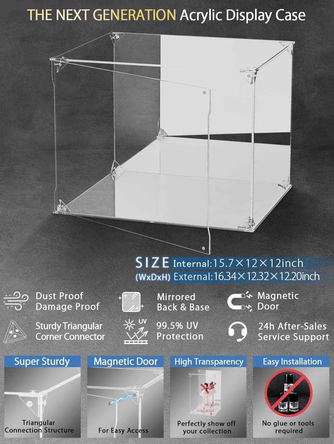 Football Helmet Display Case with Mirrored Back and Base,Full Size Acrylic Baseball Motorcycle Helmet Showcase with Magnetic Door, UV Protected Display Box Showcase for Collectibles(15.7x12x12inch)