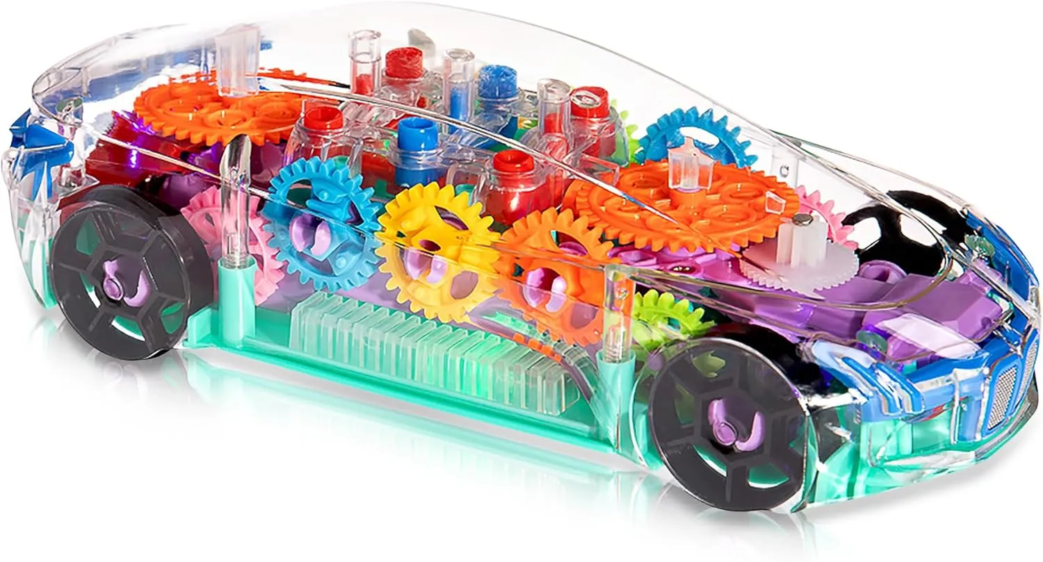 Forest & Twelfth Light Up Transparent Car Kids 8” Battery Operated Toy Car for Boys & Girls, Mechanical Bump and Go Toy Car with Colorful Moving Gears, LED Light Effects, Plays Music