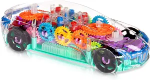 Forest & Twelfth Light Up Transparent Car Kids 8” Battery Operated Toy Car for Boys & Girls, Mechanical Bump and Go Toy Car with Colorful Moving Gears, LED Light Effects, Plays Music