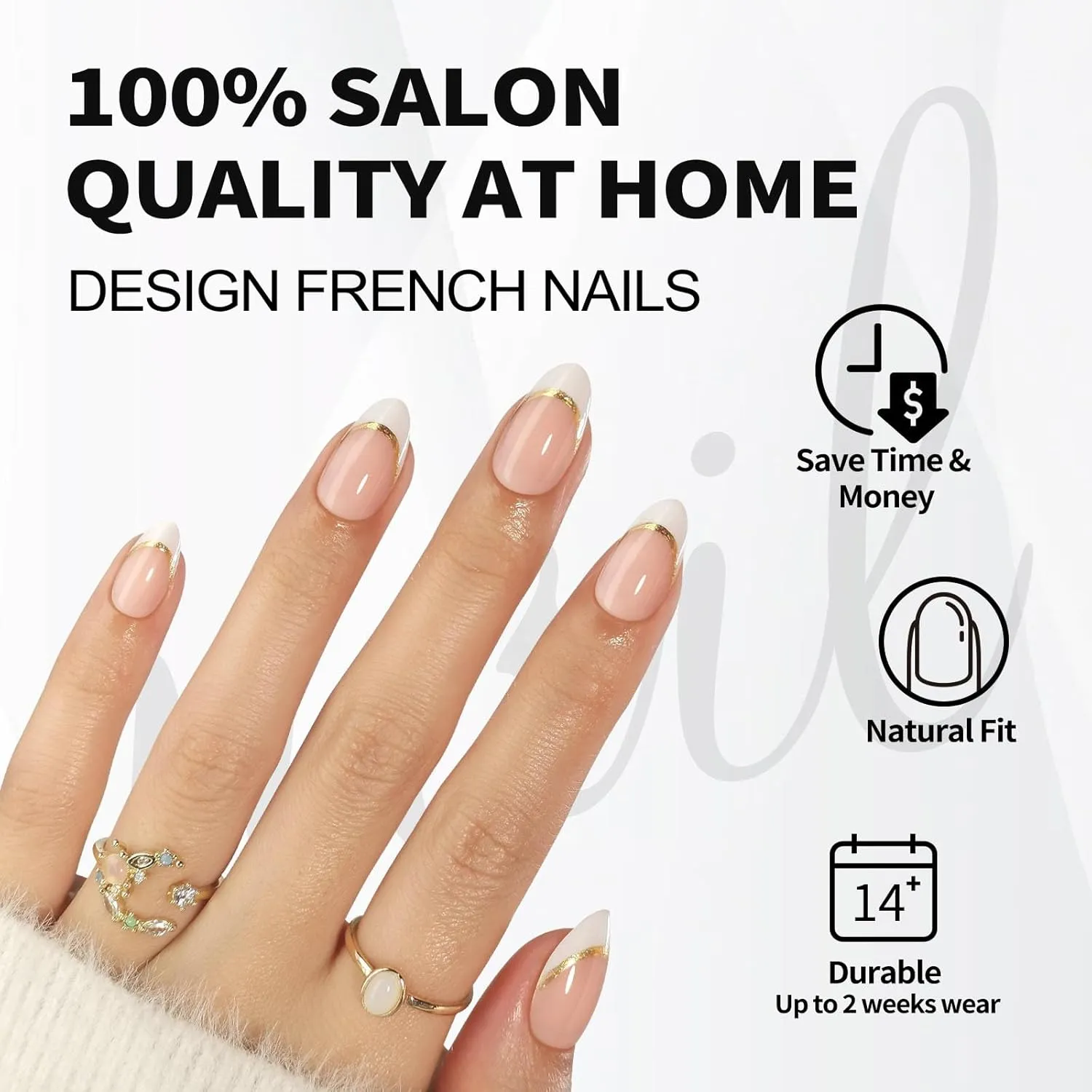 French Tip Press on Nails Short - Soft Gel White and Gold Press on Nails Almond for Women Gift, Natural Stick on Nails with Glue in 16 Sizes - 32 Reusable Fake Nails, Gold Ribbon
