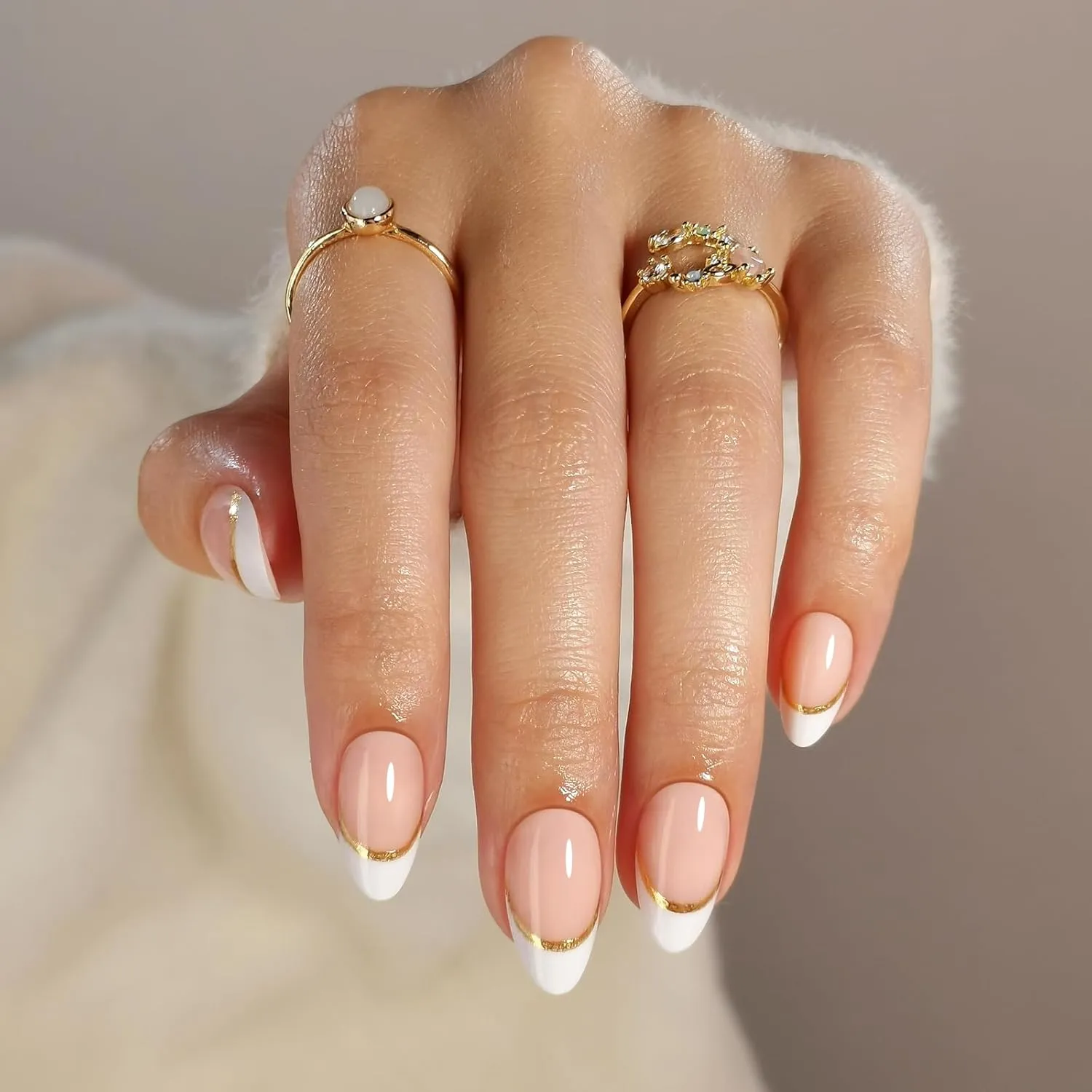 French Tip Press on Nails Short - Soft Gel White and Gold Press on Nails Almond for Women Gift, Natural Stick on Nails with Glue in 16 Sizes - 32 Reusable Fake Nails, Gold Ribbon