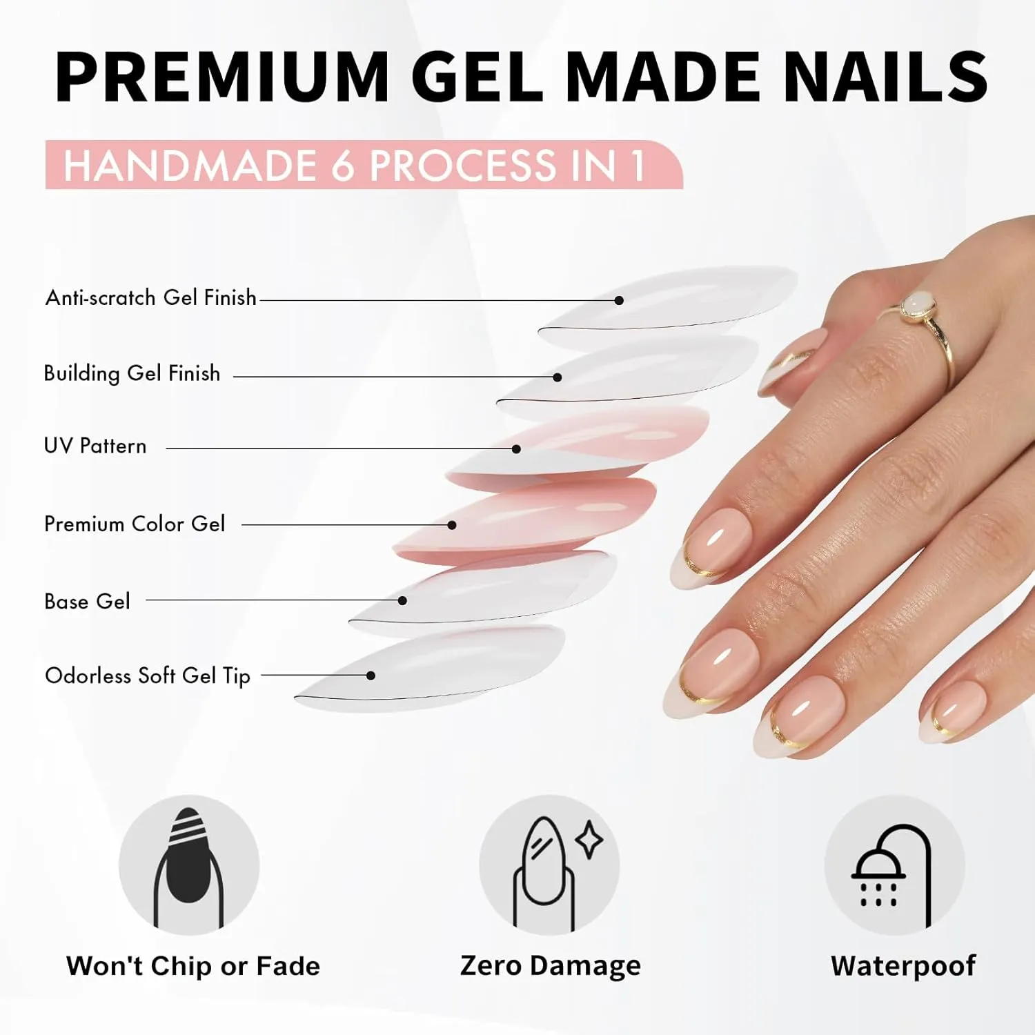 French Tip Press on Nails Short - Soft Gel White and Gold Press on Nails Almond for Women Gift, Natural Stick on Nails with Glue in 16 Sizes - 32 Reusable Fake Nails, Gold Ribbon