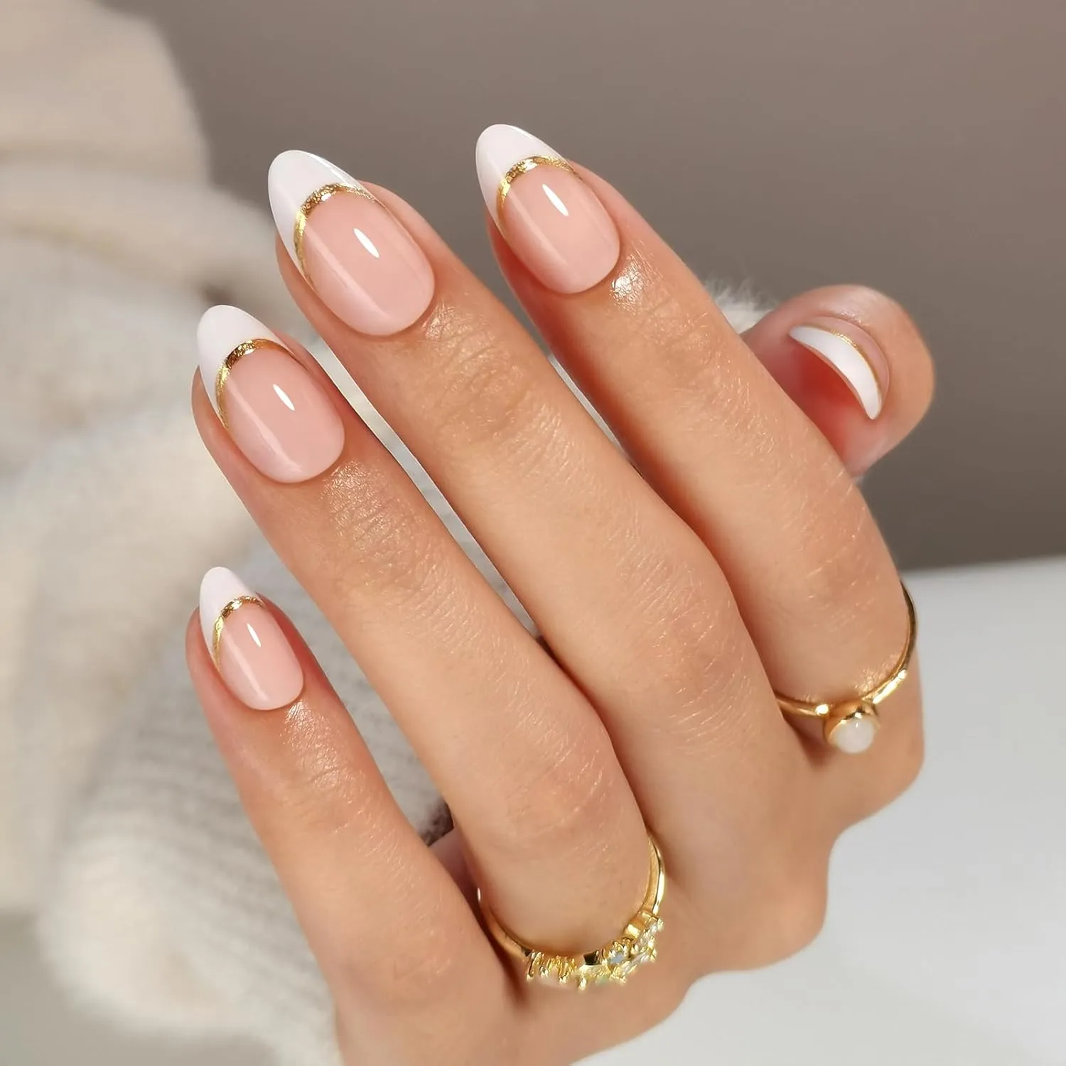 French Tip Press on Nails Short - Soft Gel White and Gold Press on Nails Almond for Women Gift, Natural Stick on Nails with Glue in 16 Sizes - 32 Reusable Fake Nails, Gold Ribbon
