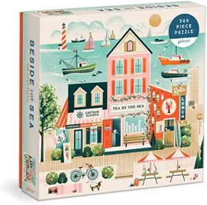 Galison Beside The Sea – 500 Piece Puzzle Fun and Challenging Activity with Bright and Bold Artwork of Charming Village and Sea Scenery for Adults and Families