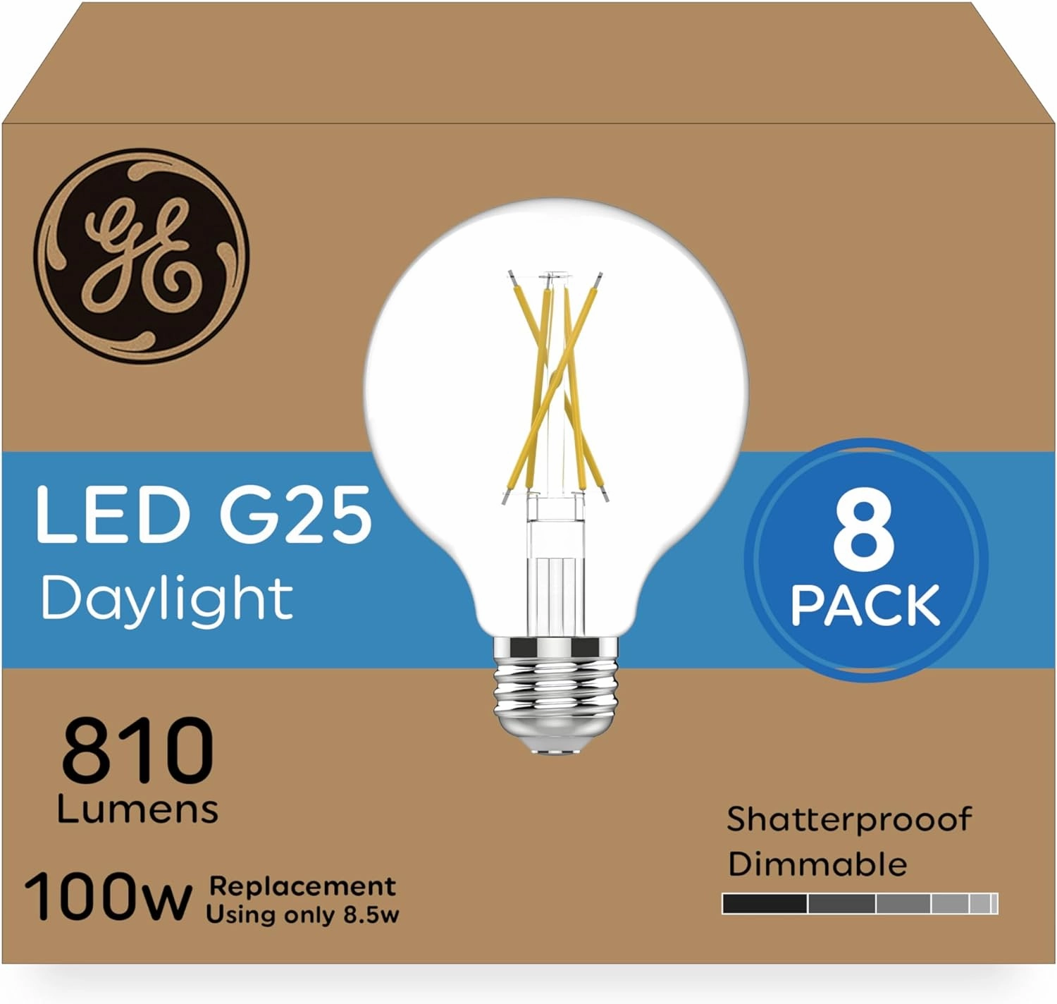 GE Ultra Bright LED Light Bulbs, 100 Watt Equivalent, Daylight Clear G25 Globe Bulbs (8 Pack)
