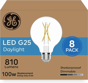 GE Ultra Bright LED Light Bulbs, 100 Watt Equivalent, Daylight Clear G25 Globe Bulbs (8 Pack)
