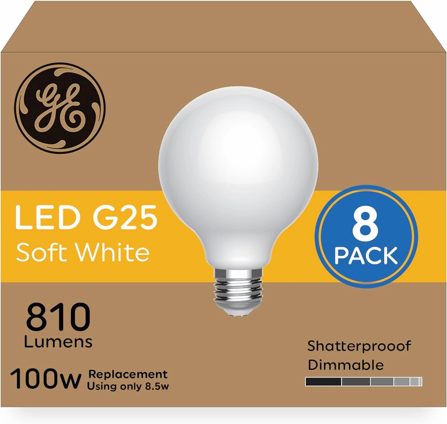 GE Ultra Bright LED Light Bulbs, 100 Watt Equivalent, Soft White, Frosted G25 Globe Bulbs (8 Pack)