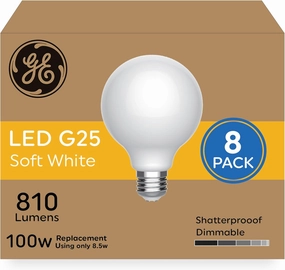 GE Ultra Bright LED Light Bulbs, 100 Watt Equivalent, Soft White, Frosted G25 Globe Bulbs (8 Pack)
