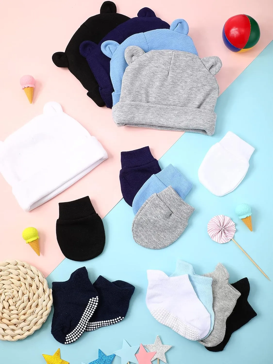 Geyoga Newborn Baby Hat Bear Ears Mittens and Socks Set for 0-6 Month