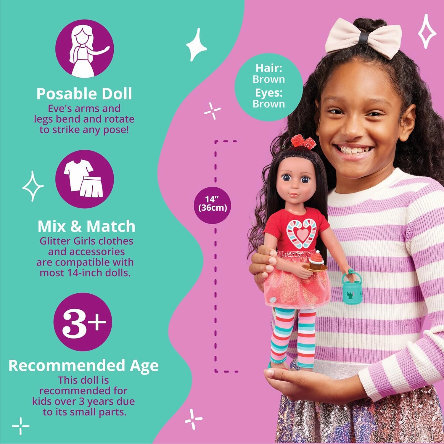 Glitter Girls – 14-Inch Posable Doll – Dark Brown Hair & Brown Eyes – Holiday Outfit & Accessories – Snow Globe, Gift Box & Cards – 3 Years   – Eve
