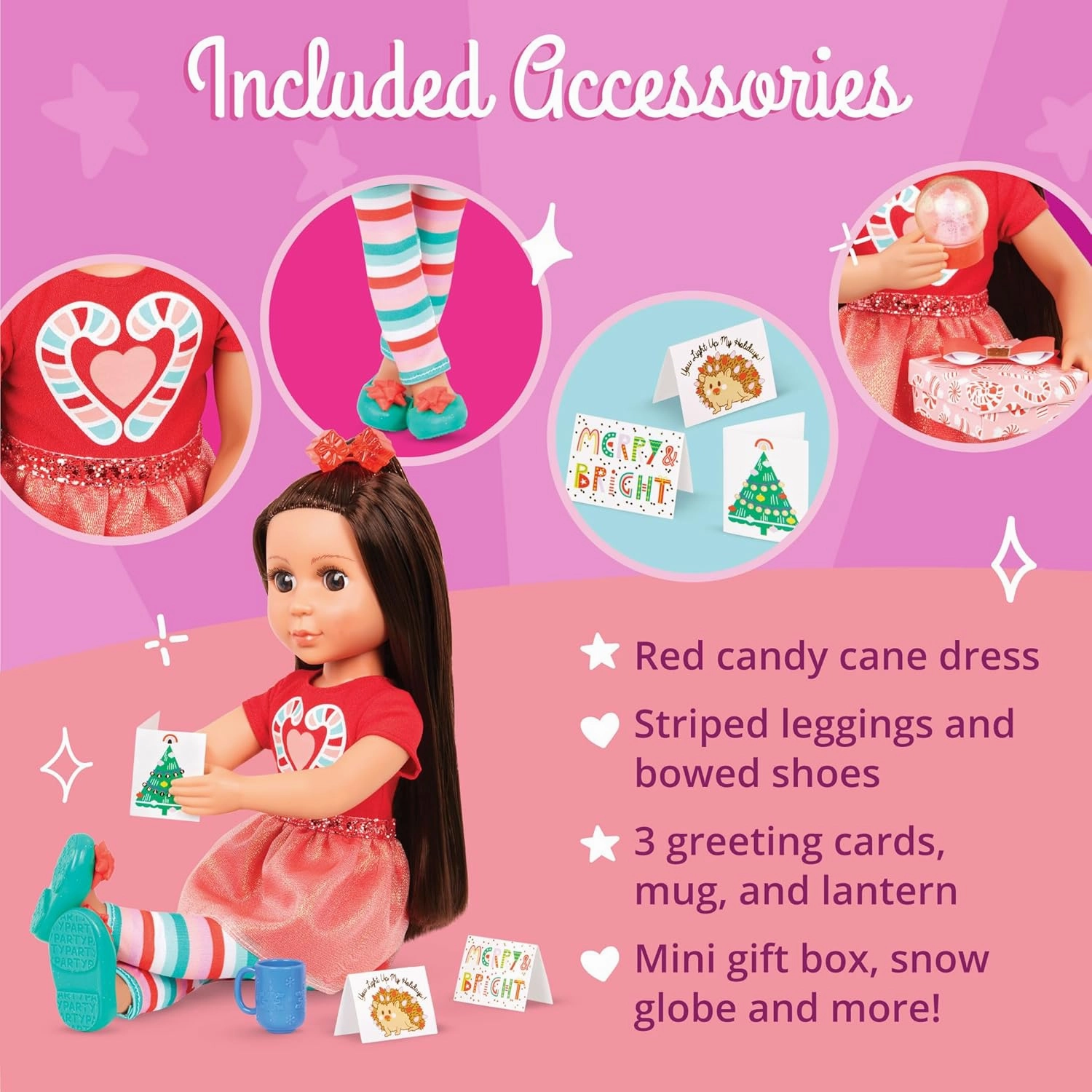 Glitter Girls – 14-Inch Posable Doll – Dark Brown Hair & Brown Eyes – Holiday Outfit & Accessories – Snow Globe, Gift Box & Cards – 3 Years   – Eve
