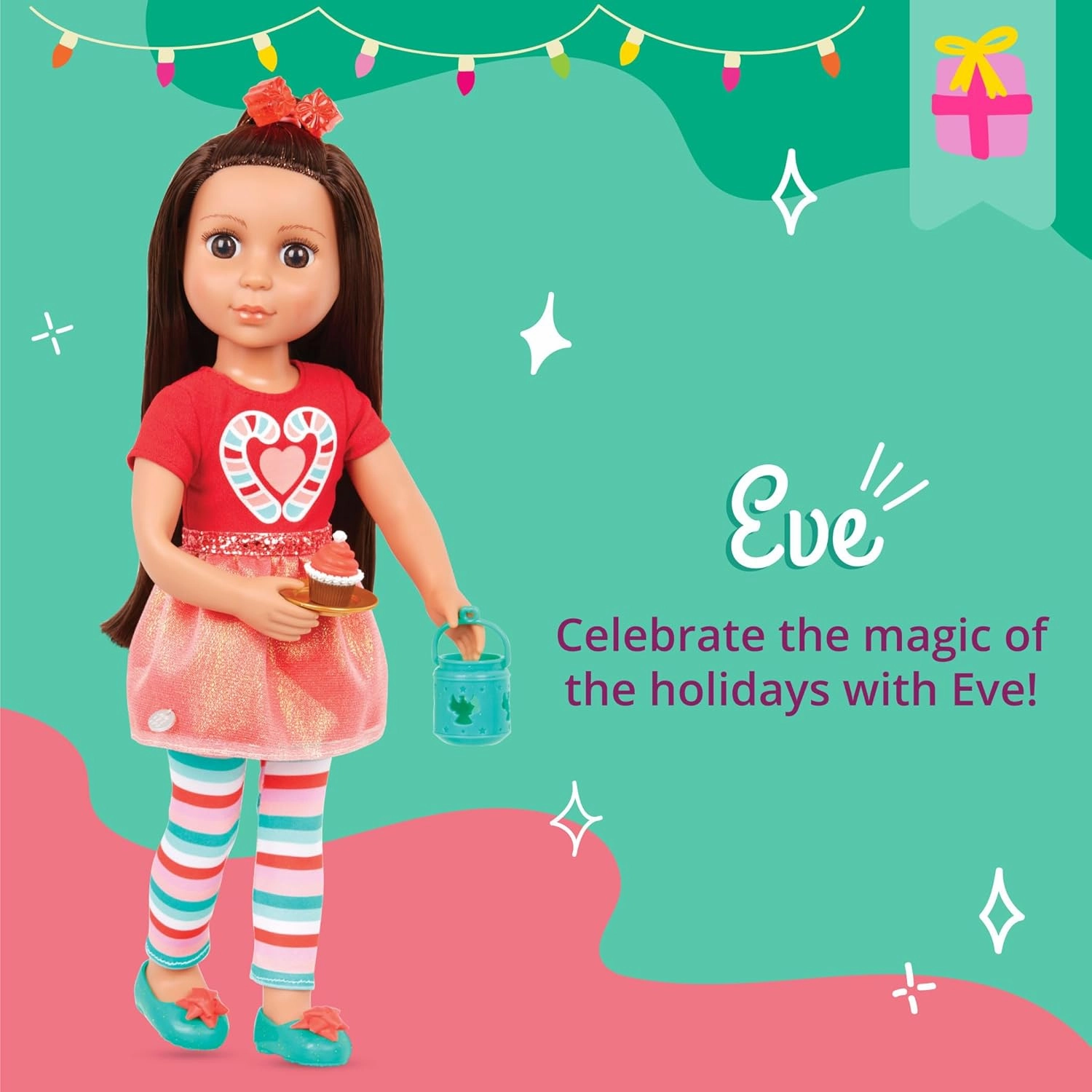 Glitter Girls – 14-Inch Posable Doll – Dark Brown Hair & Brown Eyes – Holiday Outfit & Accessories – Snow Globe, Gift Box & Cards – 3 Years   – Eve