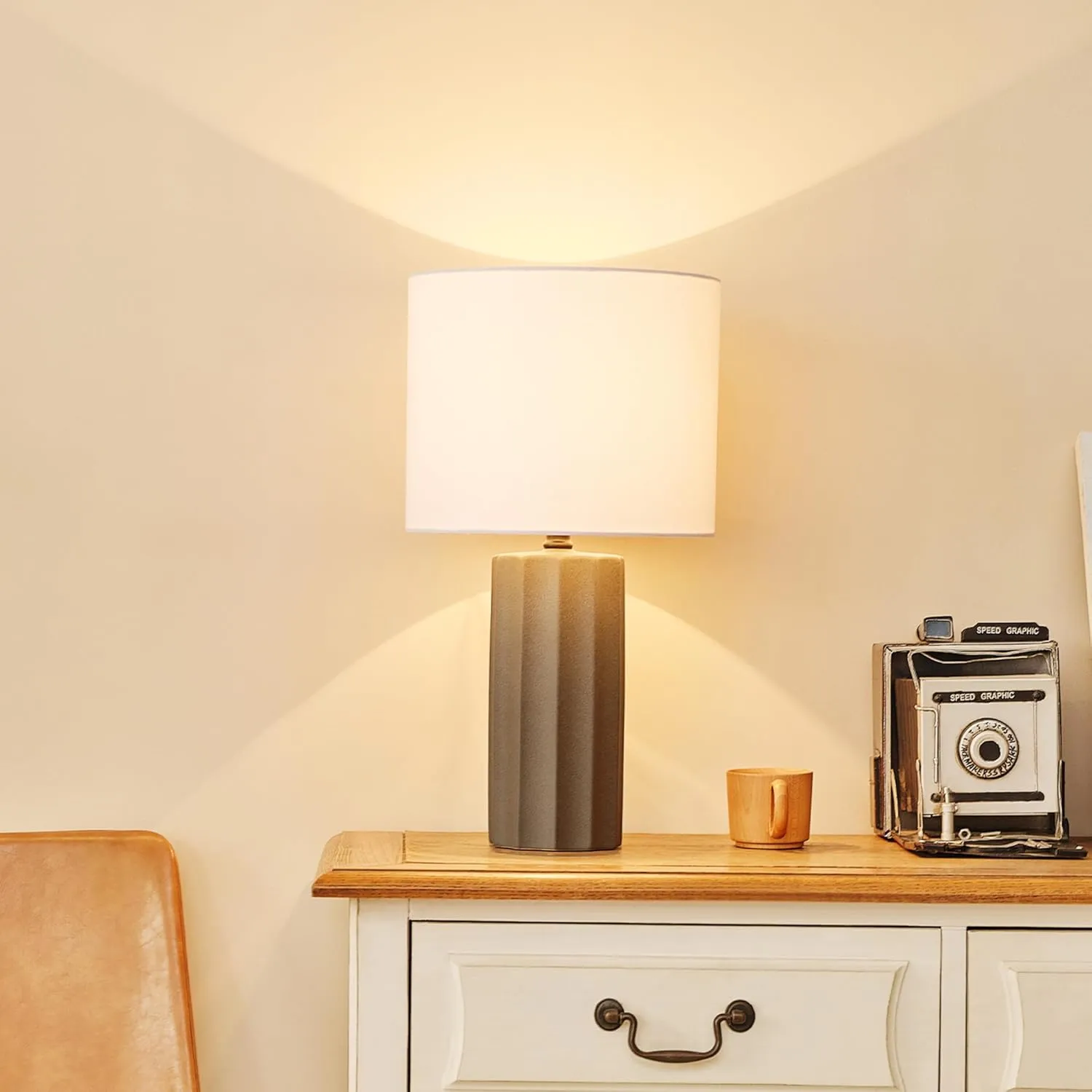 Globe Electric 61000061 20" Ribbed Ceramic Table Lamp, Dark Gray Concrete Finish, White Linen Shade, On/Off Rotary Switch on Socket, for Living Room, Bedroom, Office, Home Décor