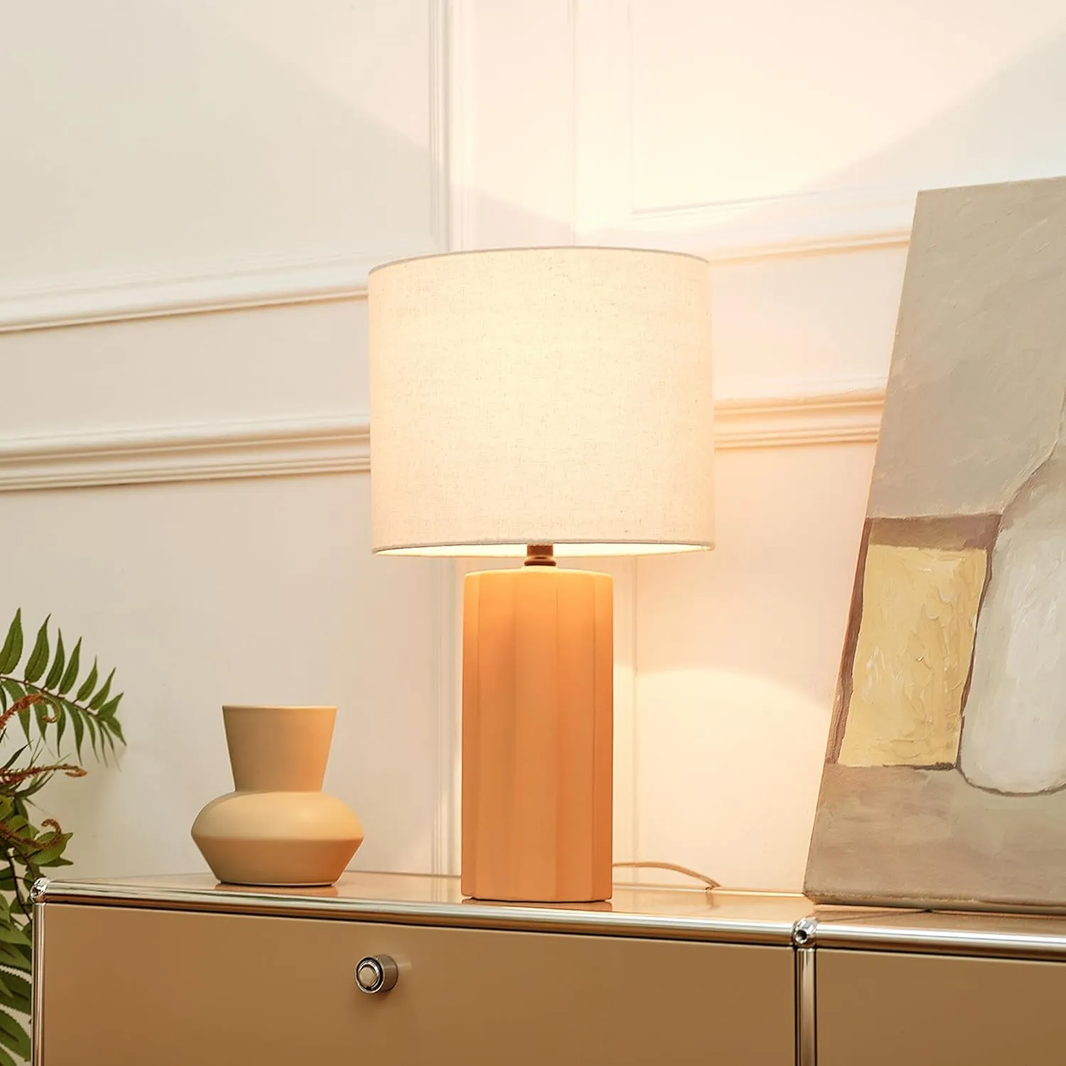 Globe Electric 61000062 20" Ribbed Ceramic Table Lamp, Matte Terracotta Finish, White Linen Shade, On/Off Rotary Switch on Socket, for Living Room, Bedroom, Office, Home Décor