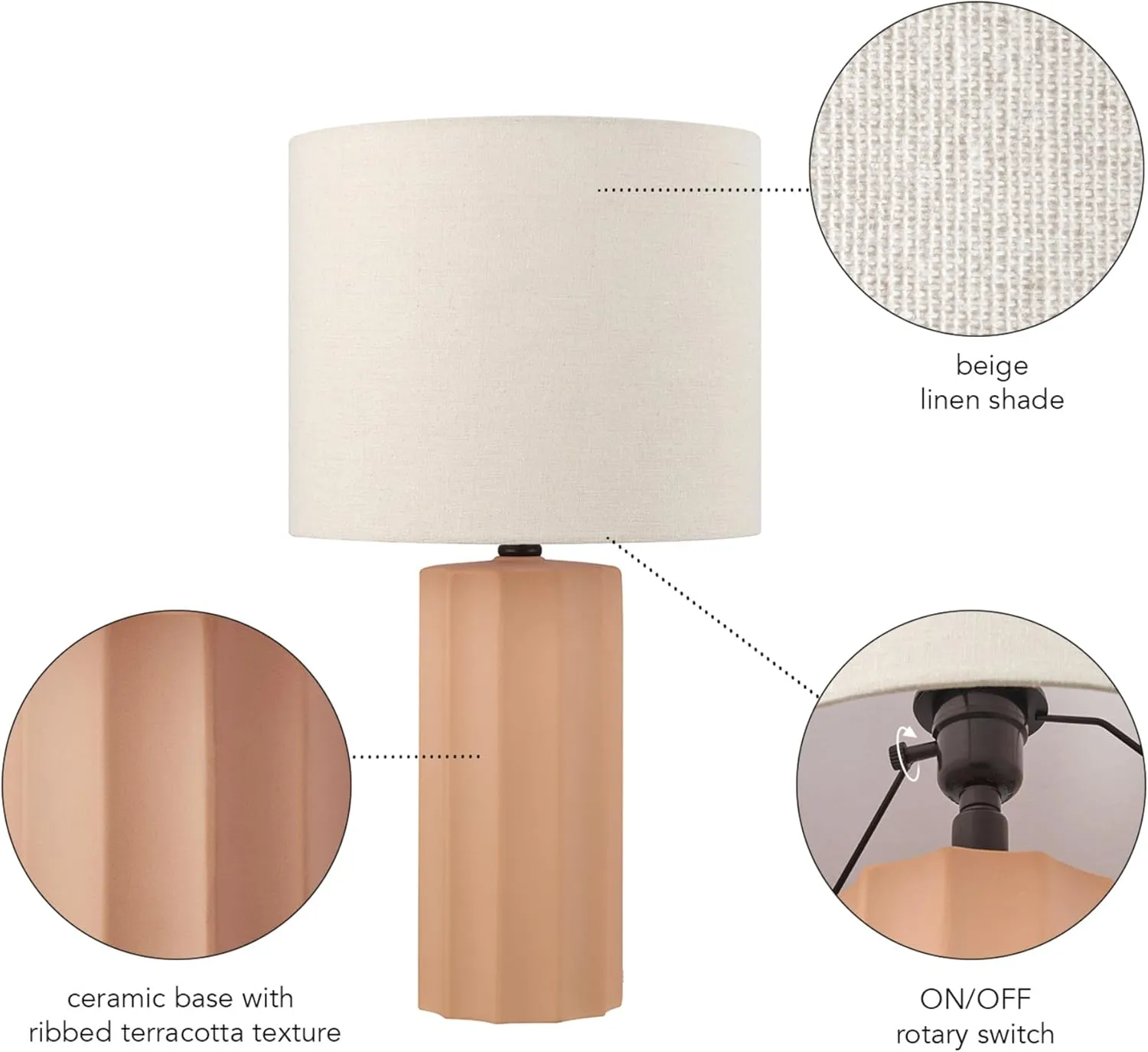 Globe Electric 61000062 20" Ribbed Ceramic Table Lamp, Matte Terracotta Finish, White Linen Shade, On/Off Rotary Switch on Socket, for Living Room, Bedroom, Office, Home Décor