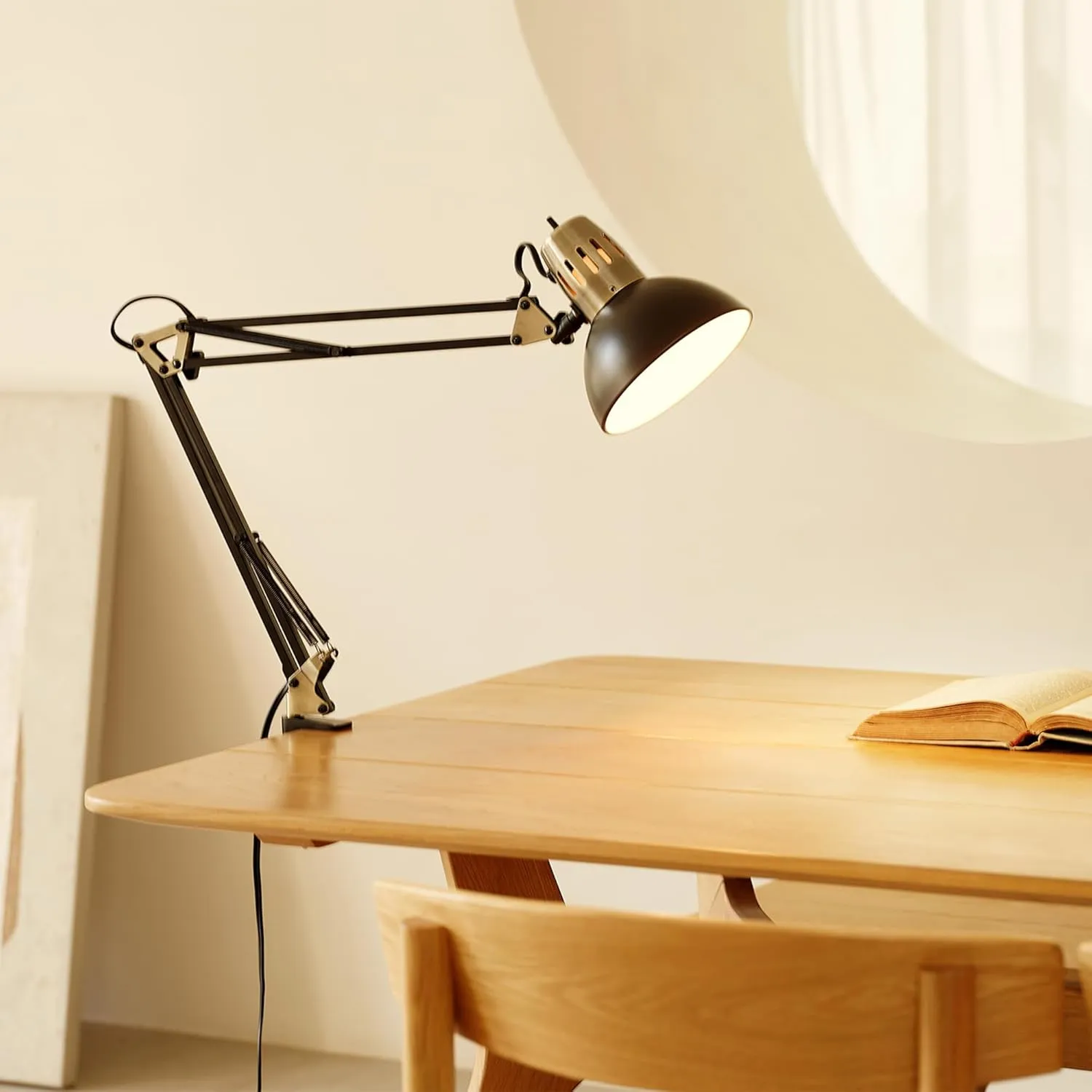 GLOBE Electric 62000009 32" Multi-Joint Desk Lamp with Metal Clamp, Matte Black, Antique Brass Accents, On/Off Rotary Switch on Shade, Partially Adjustable Swing Arm, Home Décor, Office Accessory