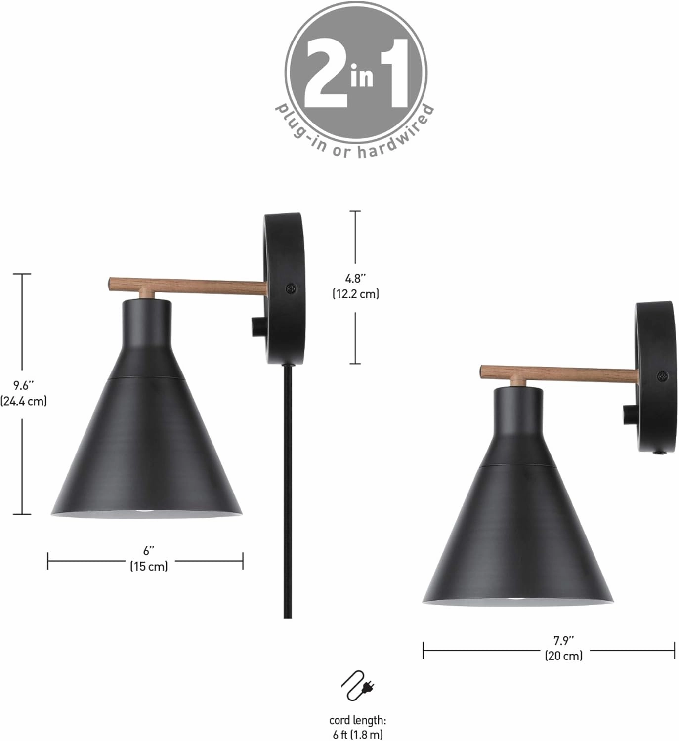 GLOBE Electric 51725 1-Light Dimmable Plug-in or Hardwire Wall Sconce, Matte Black, Faux Walnut Accent, Stepless Dimming Rotary Switch on Canopy, Black Fabric Cord, Bulb Not Included